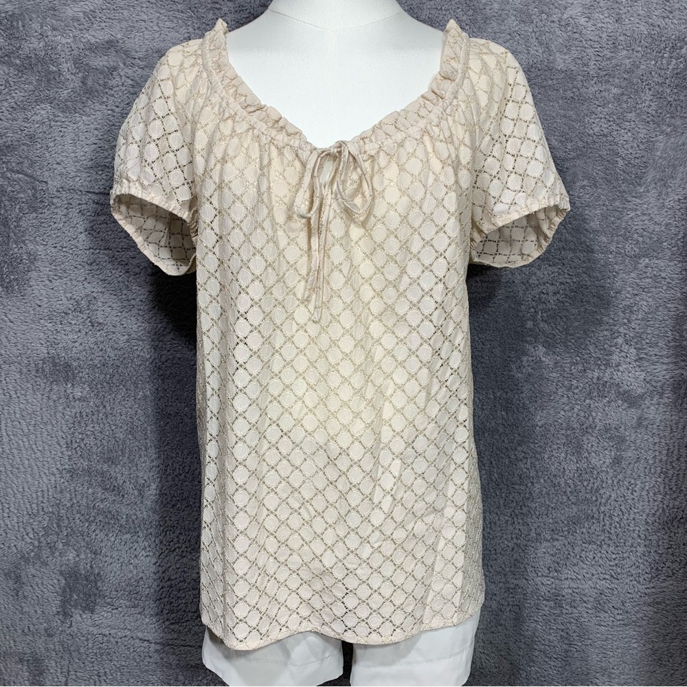 Ann Taylor LOFT‎ Peasant Blouse Womens M Cream Gold Metallic Lace Ruffle Top